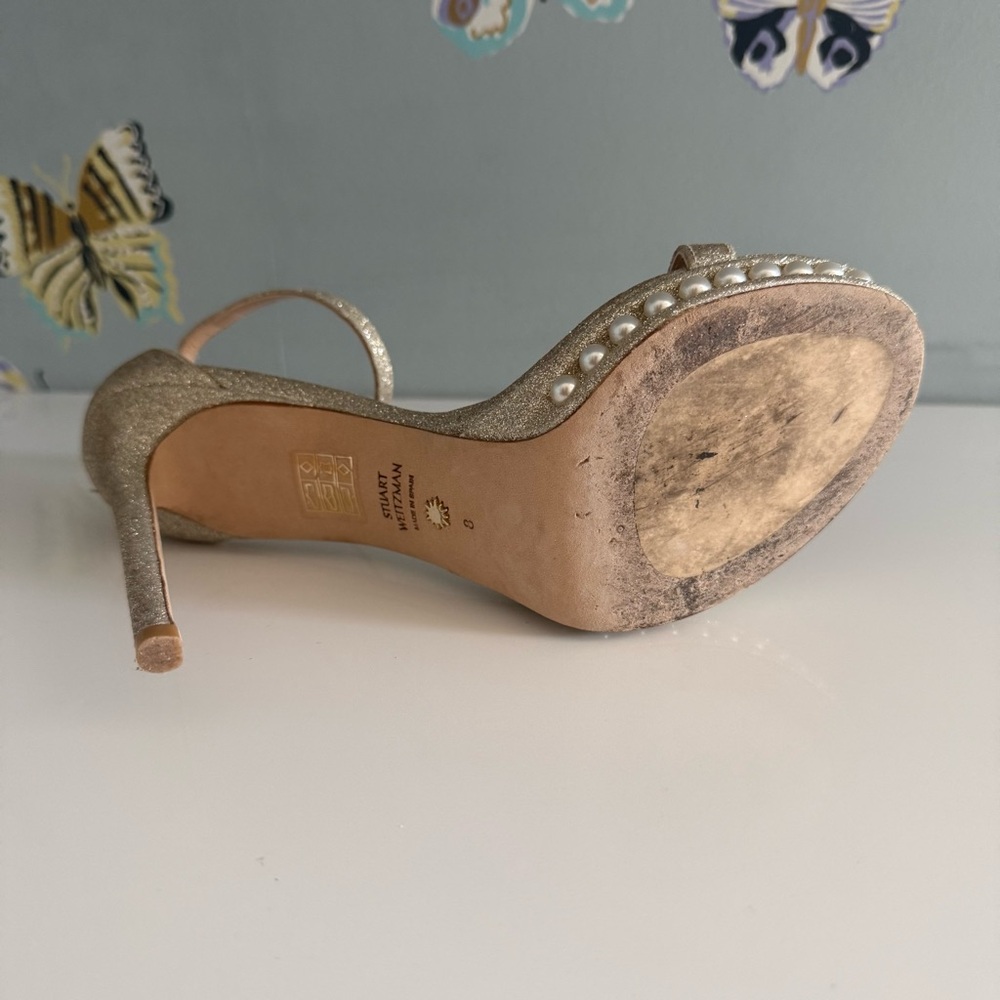 Stuart Weitzman Gold Glitter Pearl Platform Sandals - Picture 7 of 12